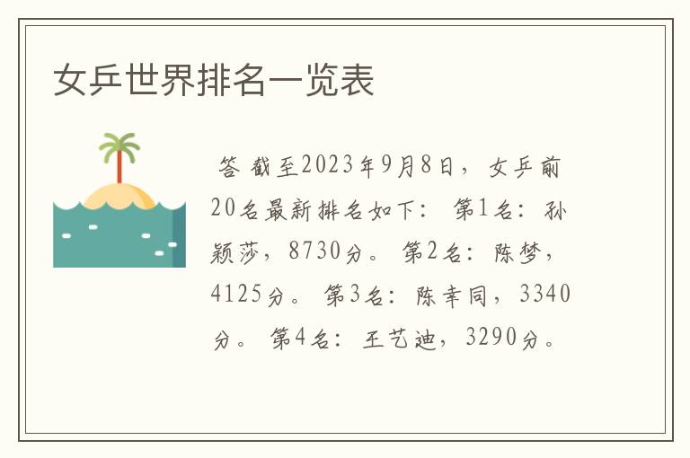 女乒世界排名一览表