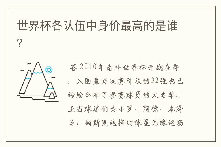世界杯各队伍中身价最高的是谁？