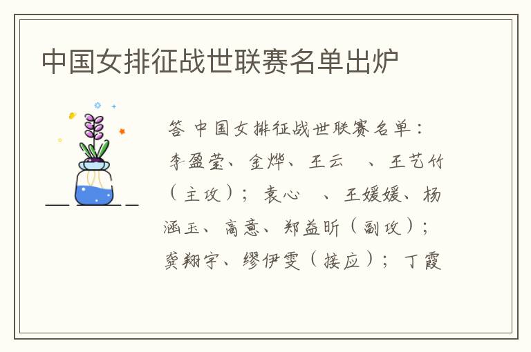 中国女排征战世联赛名单出炉