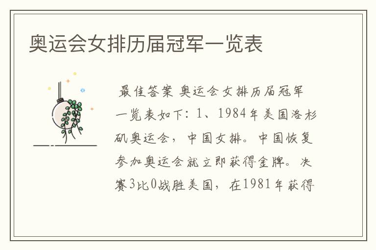 奥运会女排历届冠军一览表