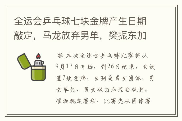 全运会乒乓球七块金牌产生日期敲定,马龙放弃男单,樊振东加冕?
