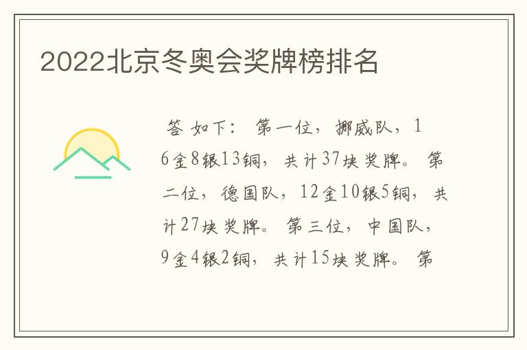 2022北京冬奥会奖牌榜排名