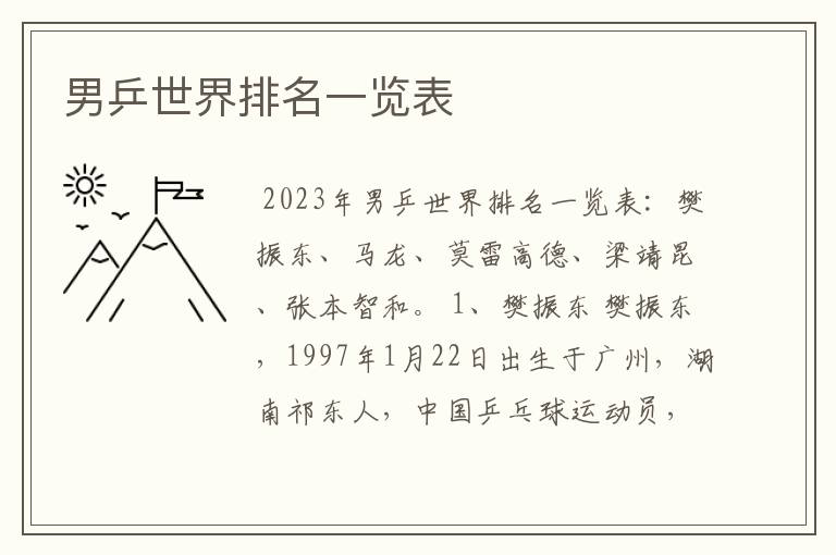 男乒世界排名一览表