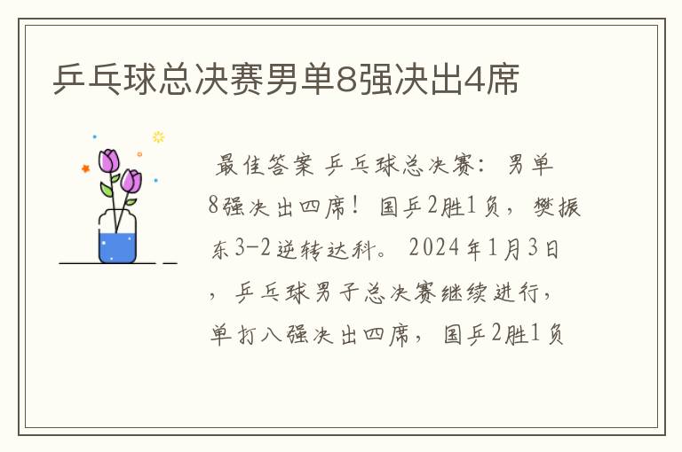 乒乓球总决赛男单8强决出4席