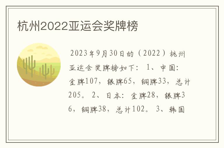 杭州2022亚运会奖牌榜