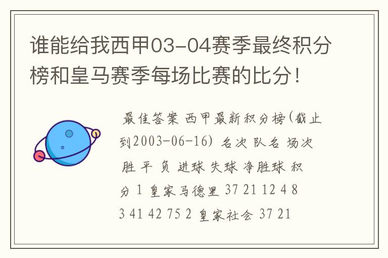 谁能给我西甲03-04赛季最终积分榜和皇马赛季每场比赛的比分!