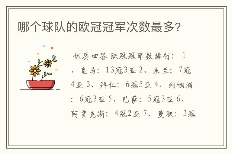 哪个球队的欧冠冠军次数最多?