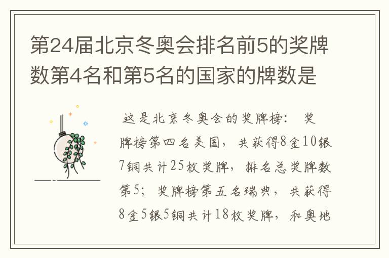 第24届北京冬奥会排名前5的奖牌数第4名和第5名的国家的牌数是多少?
