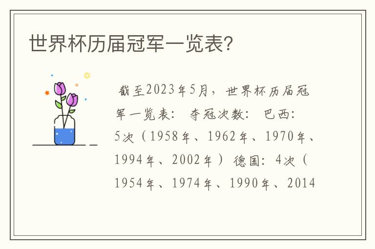 世界杯历届冠军一览表？