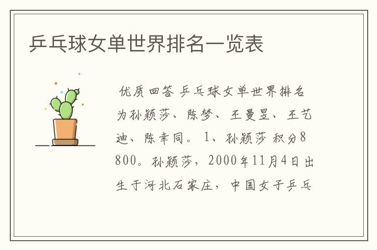 乒乓球女单世界排名一览表