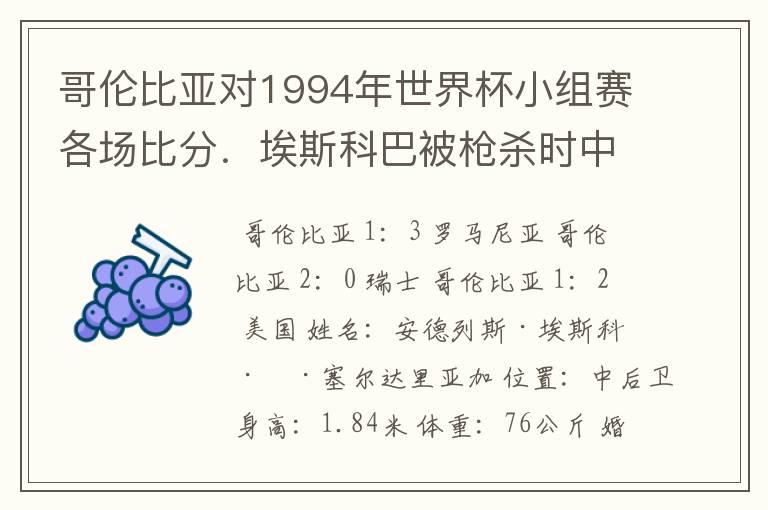 哥伦比亚对1994年世界杯小组赛各场比分.埃斯科巴被枪杀时中了多少枪?