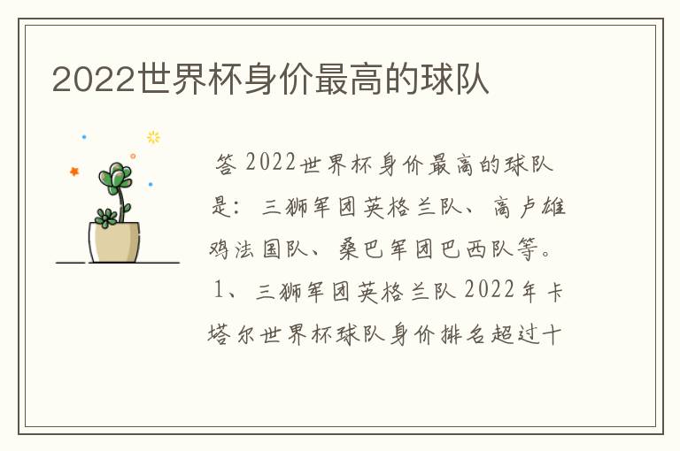 2022世界杯身价最高的球队