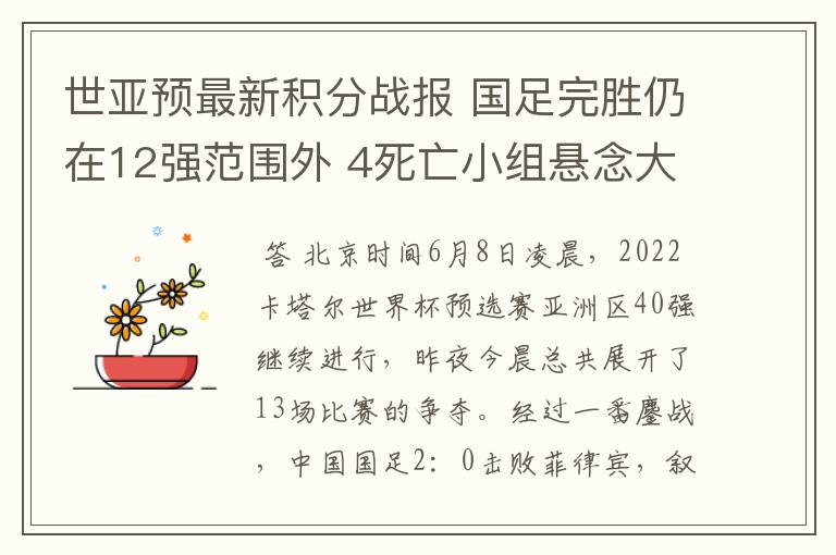 世亚预最新积分战报 国足完胜仍在12强范围外 4死亡小组悬念大