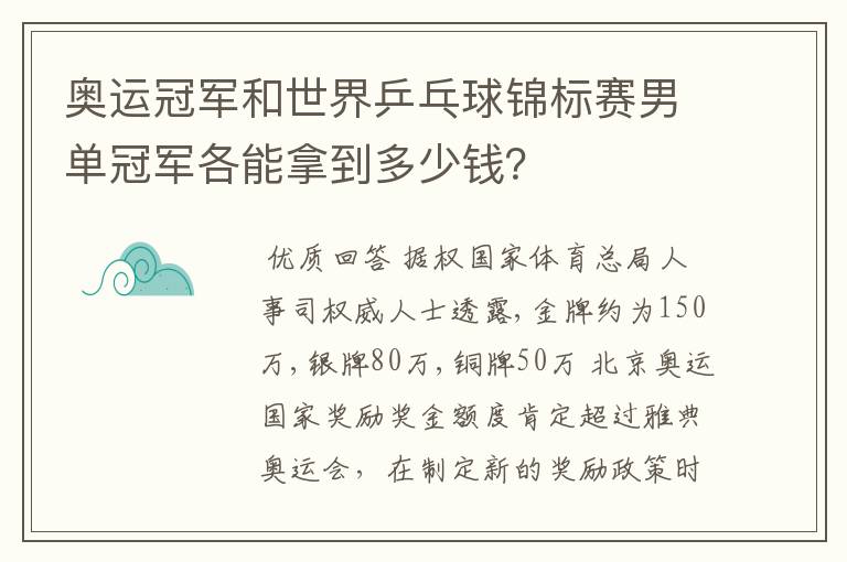 奥运冠军和世界乒乓球锦标赛男单冠军各能拿到多少钱?