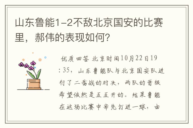 山东鲁能1-2不敌北京国安的比赛里,郝伟的表现如何?