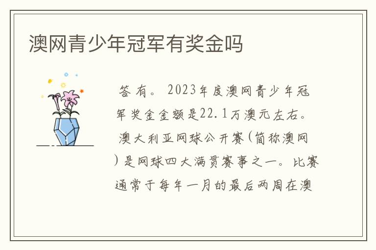 澳网青少年冠军有奖金吗
