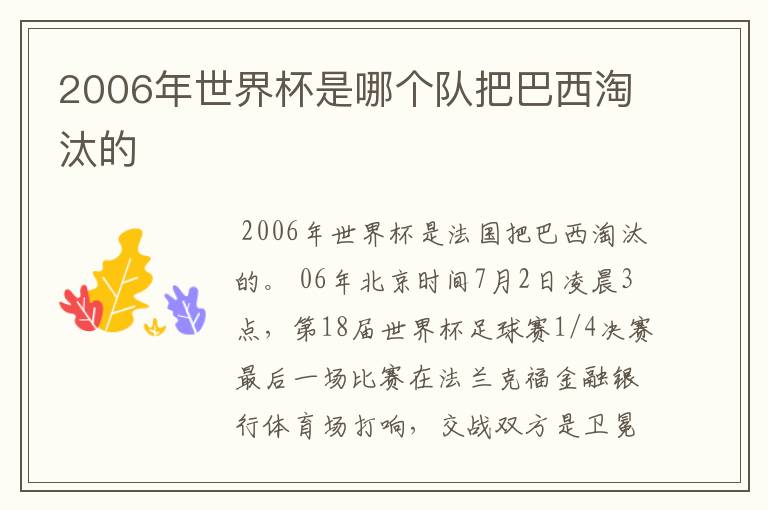 2006年世界杯是哪个队把巴西淘汰的