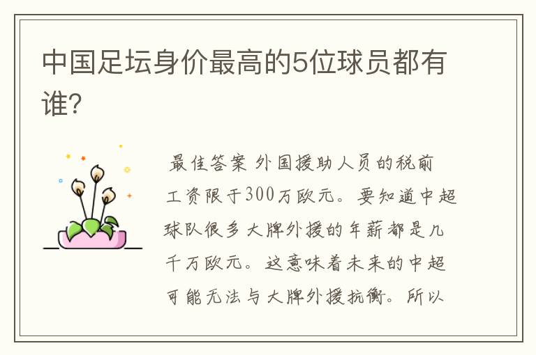中国足坛身价最高的5位球员都有谁？