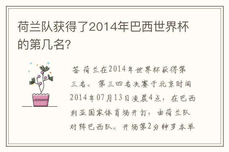 荷兰队获得了2014年巴西世界杯的第几名?