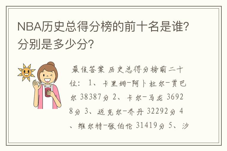 NBA历史总得分榜的前十名是谁?分别是多少分?