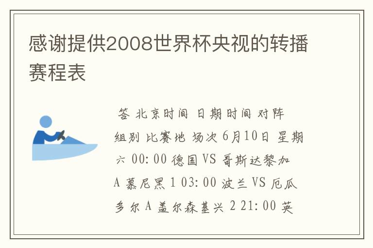 感谢提供2008世界杯央视的转播赛程表
