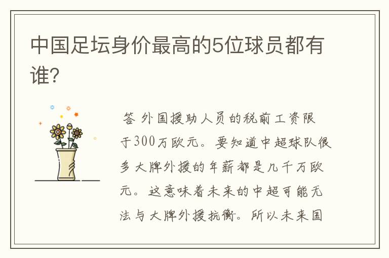 中国足坛身价最高的5位球员都有谁?