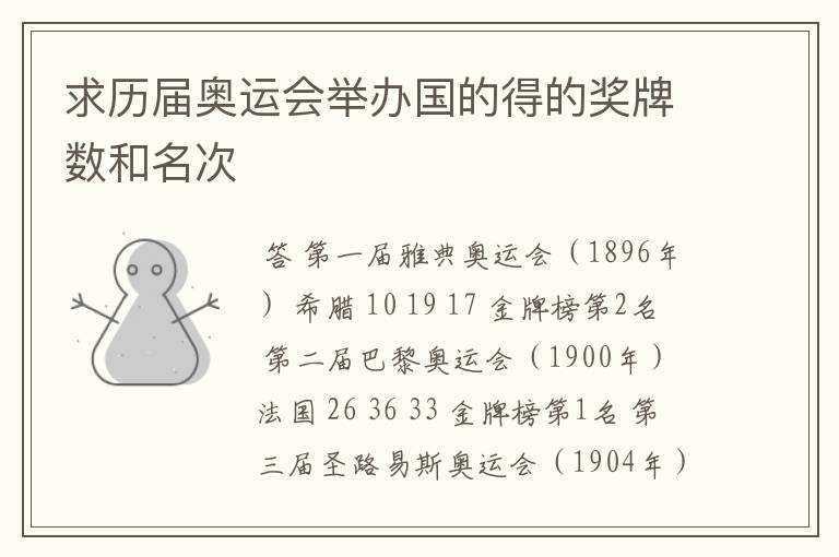 求历届奥运会举办国的得的奖牌数和名次