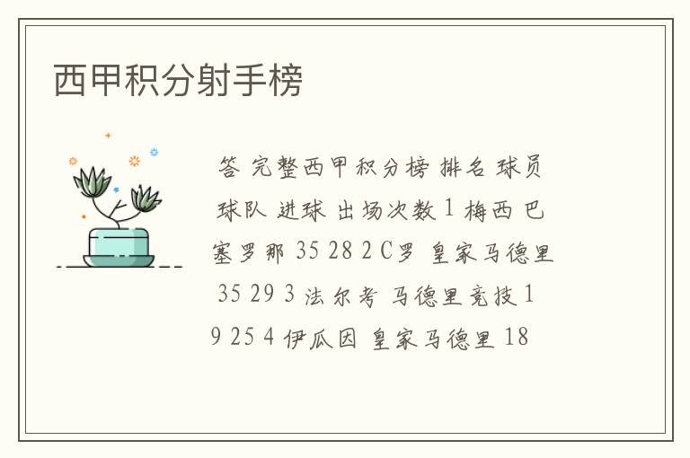西甲积分射手榜