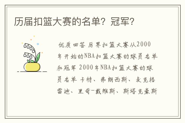历届扣篮大赛的名单?冠军?