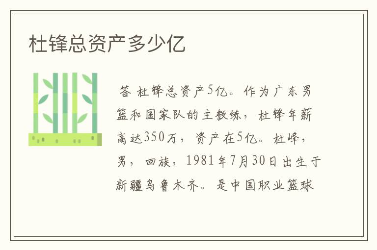 杜锋总资产多少亿