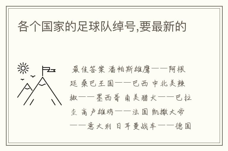 各个国家的足球队绰号,要最新的