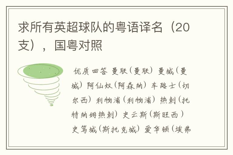 求所有英超球队的粤语译名（20支），国粤对照