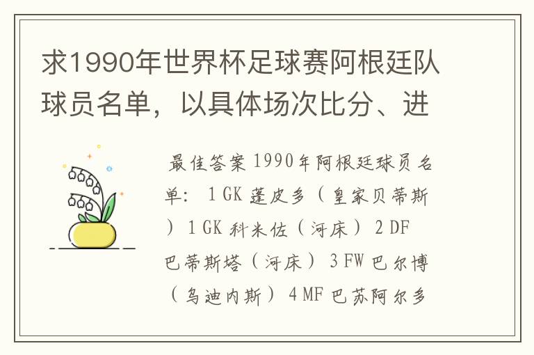 求1990年世界杯足球赛阿根廷队球员名单,以具体场次比分、进球者