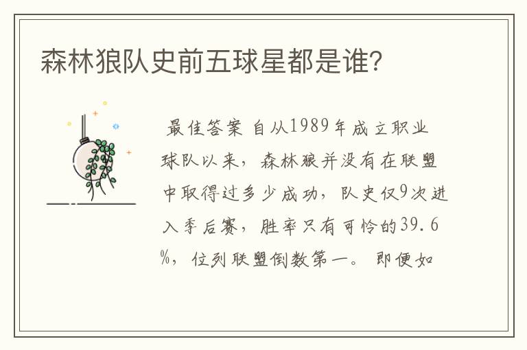 森林狼队史前五球星都是谁?