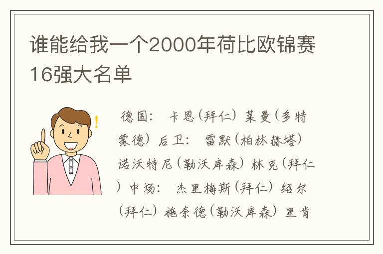 谁能给我一个2000年荷比欧锦赛16强大名单