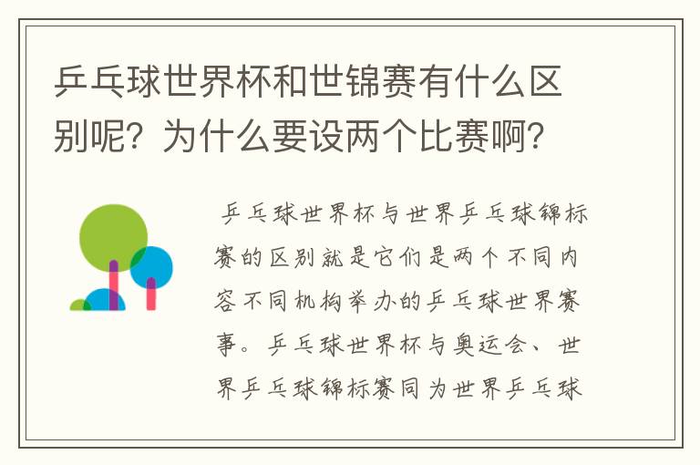 乒乓球世界杯和世锦赛有什么区别呢?为什么要设两个比赛啊?