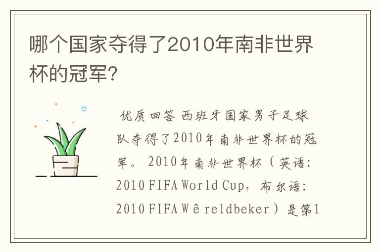哪个国家夺得了2010年南非世界杯的冠军?