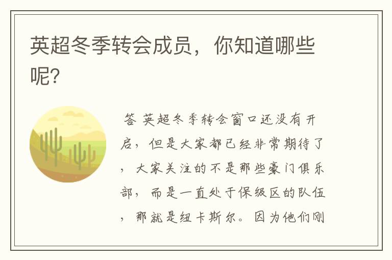英超冬季转会成员,你知道哪些呢?