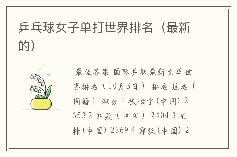 乒乓球女子单打世界排名(最新的)