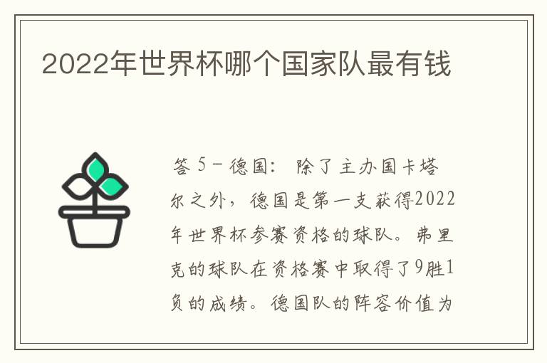 2022年世界杯哪个国家队最有钱