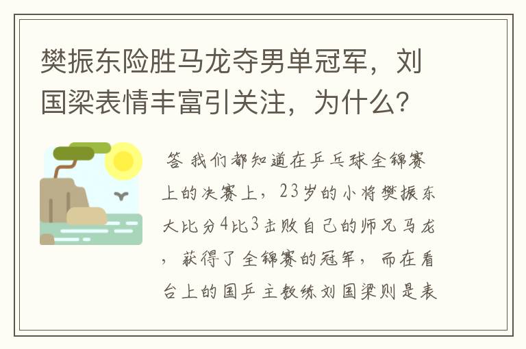 樊振东险胜马龙夺男单冠军,刘国梁表情丰富引关注,为什么?