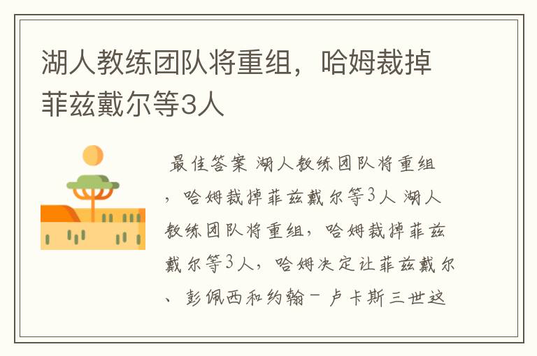 湖人教练团队将重组,哈姆裁掉菲兹戴尔等3人
