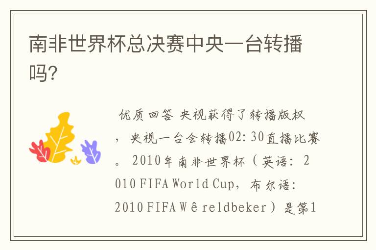 南非世界杯总决赛中央一台转播吗?
