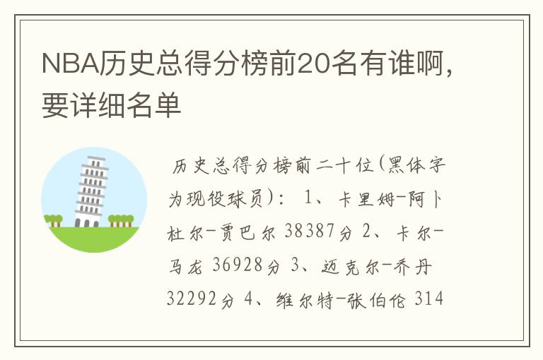 NBA历史总得分榜前20名有谁啊,要详细名单