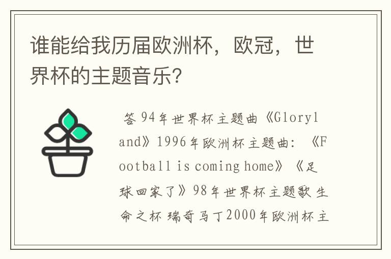 谁能给我历届欧洲杯,欧冠,世界杯的主题音乐?
