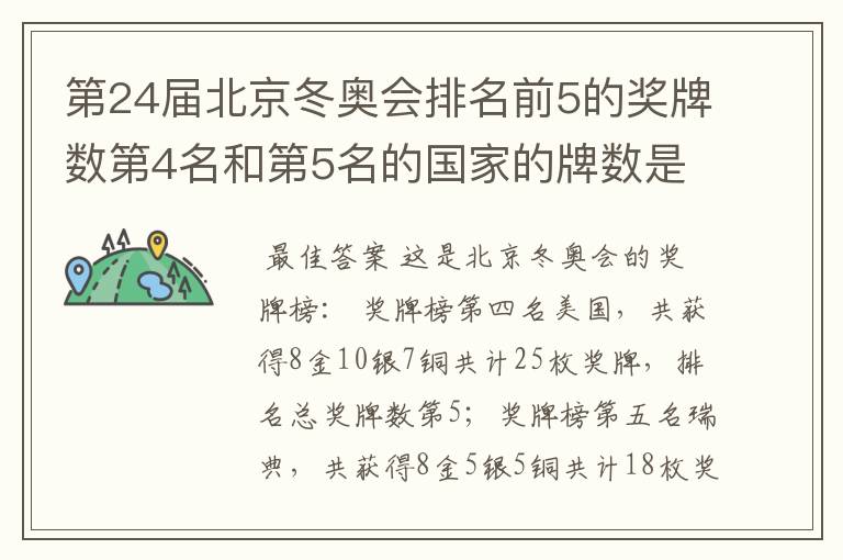第24届北京冬奥会排名前5的奖牌数第4名和第5名的国家的牌数是多少?