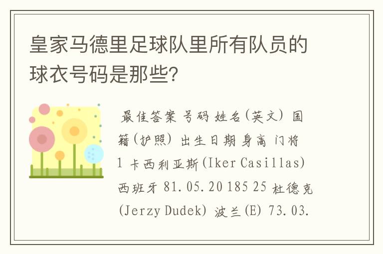 皇家马德里足球队里所有队员的球衣号码是那些?