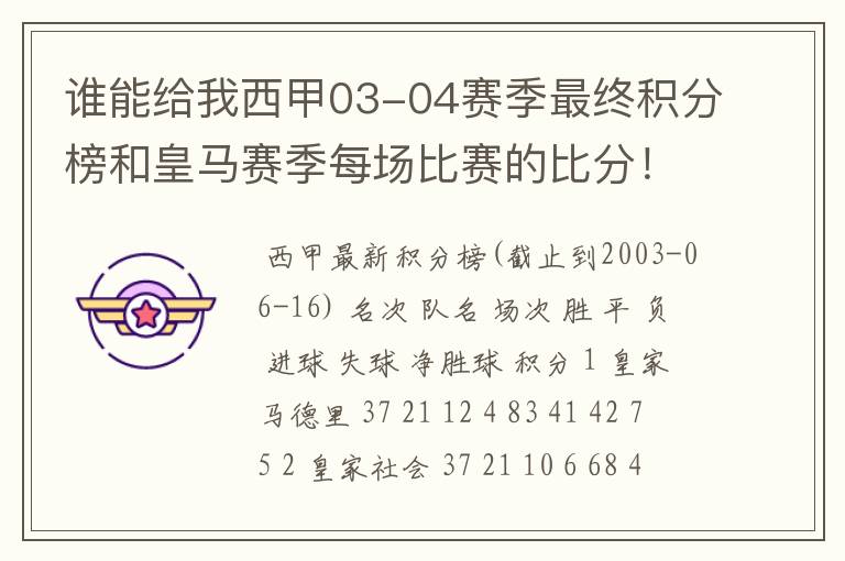 谁能给我西甲03-04赛季最终积分榜和皇马赛季每场比赛的比分!