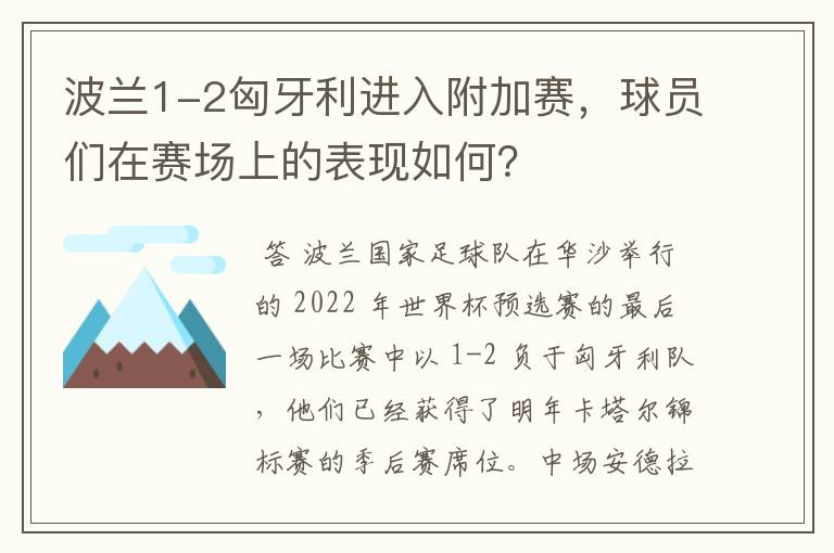 波兰1-2匈牙利进入附加赛，球员们在赛场上的表现如何？