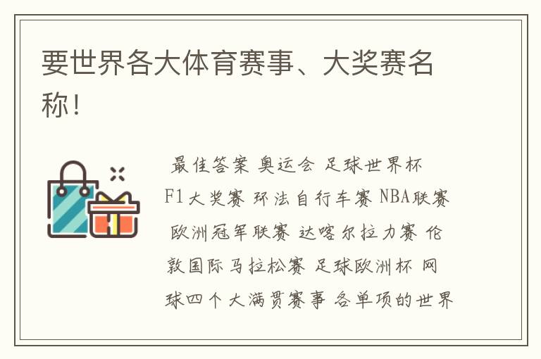 要世界各大体育赛事、大奖赛名称!